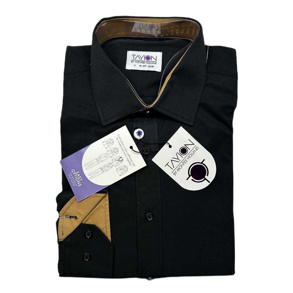 Tayion Montee Holland Dress Shirt Mens Medium 15-15.5 32/33‎ Black Gold Trim NEW